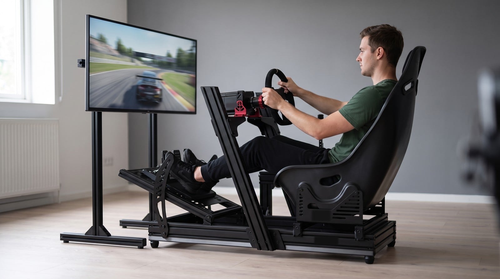 Driver mid-race on a Next Level Racing F-GT Elite style aluminium profile sim rig with angled uprights, plain black bucket seat on tall slotted side brackets