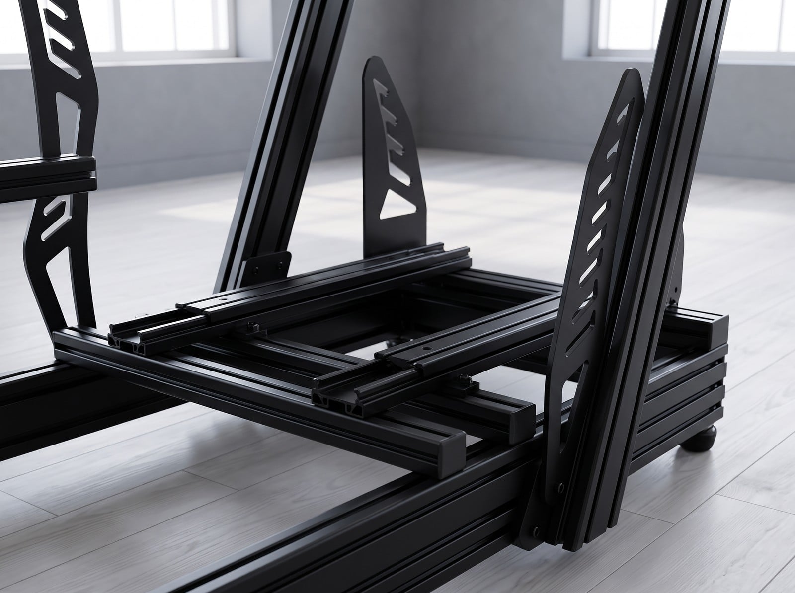 Seat sliding runner tracks bolted across the black profile seat rails of a Next Level Racing style rig with angled uprights, no seat fitted