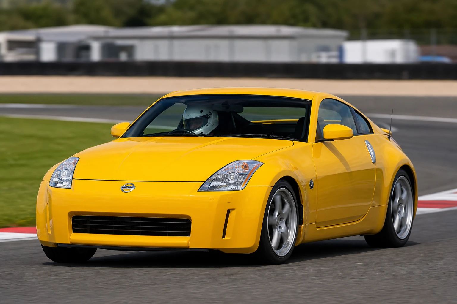 Nissan 350z on track with a helmeted driver