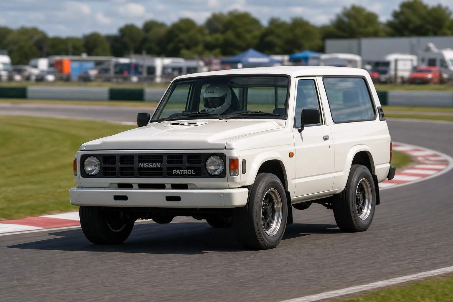Nissan Patrol 1st - 4th Gen on track with a helmeted driver