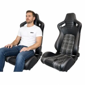 Person seated in Pair of Auto Style GT Grey Tartan Reclining Seats (part SS 85G-X2) showing real-world seat size and fit – GSM Performance