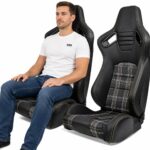 Person seated in Pair of Auto Style GT Yellow Tartan Reclining Seats (part SS 85Y-X2) showing real-world seat size and fit – GSM Performance