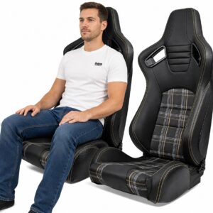 Person seated in Pair of Auto Style GT Yellow Tartan Reclining Seats (part SS 85Y-X2) showing real-world seat size and fit – GSM Performance