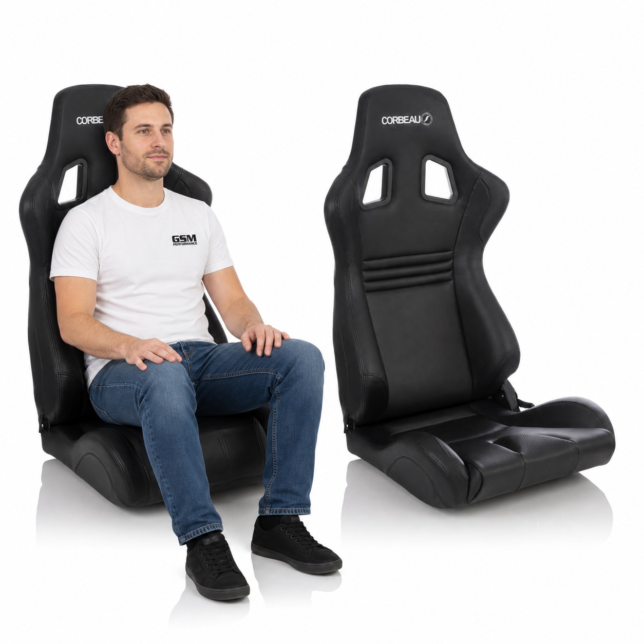 Person seated in Pair of Corbeau Sportline Boss Evo 2 Reclining Sport Seats With Heating (part EVO2-29) showing real-world seat size and fit – GSM Performance