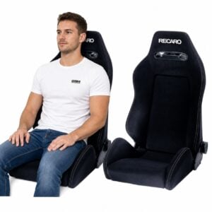 Person seated in Pair of Recaro Speed Reclining Sport Seats (part 295.07.0583A-X2) showing real-world seat size and fit – GSM Performance