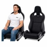 Person seated in Pair of Recaro Sportster CS Reclining Sport Seats (Leather/Suede) (part 410.00-X2) showing real-world seat size and fit – GSM Performance