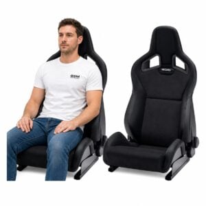 Person seated in Pair of Recaro Sportster CS Reclining Sport Seats (Leather/Suede) (part 410.00-X2) showing real-world seat size and fit – GSM Performance