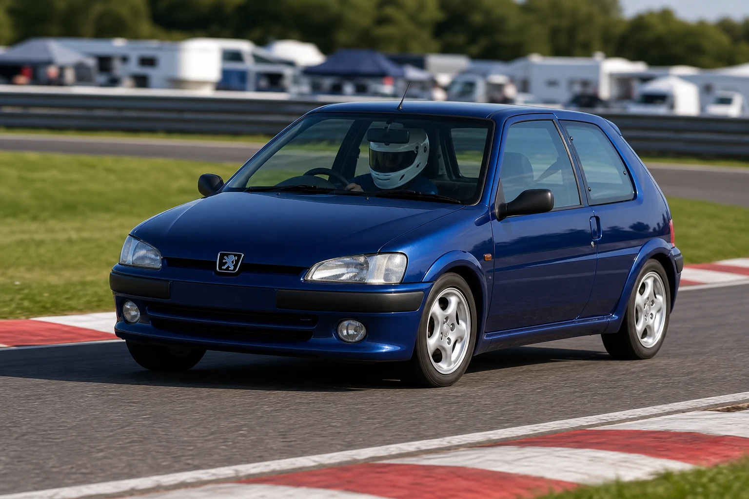 Peugeot 106 on track with a helmeted driver