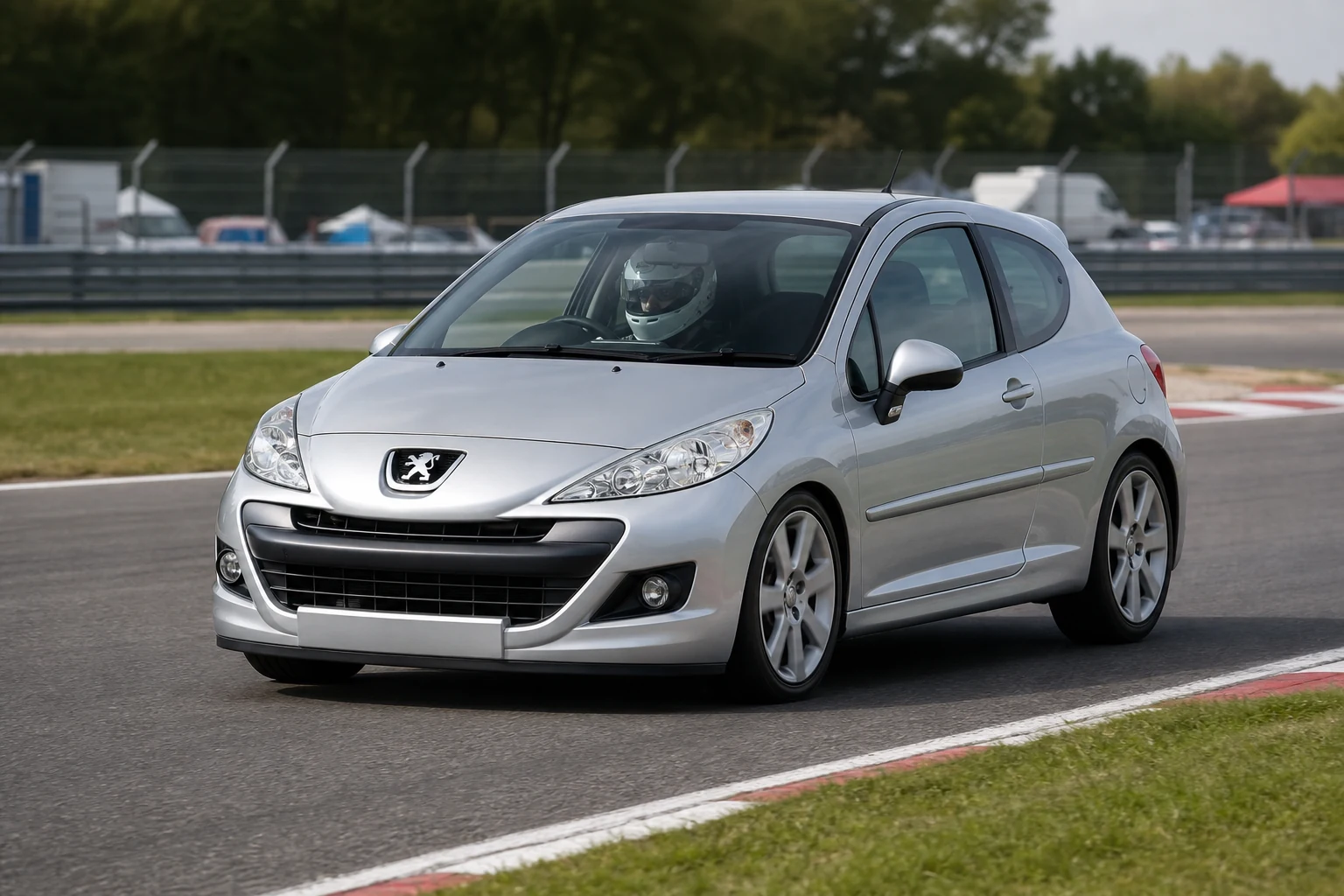 Peugeot 207 on track with a helmeted driver