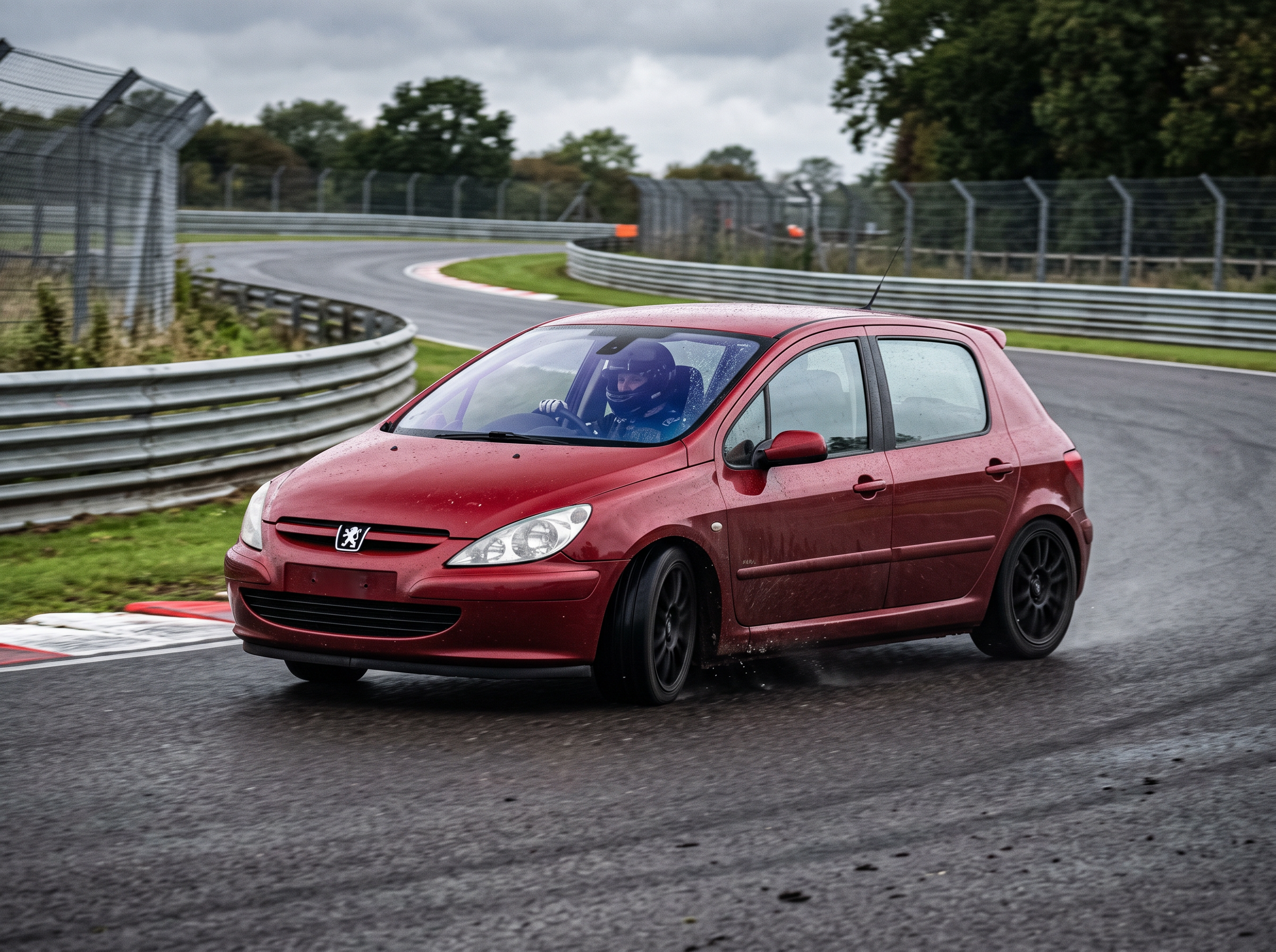 Dark red Peugeot 307 hatchback cornering on a British race circuit, helmeted driver at the wheel