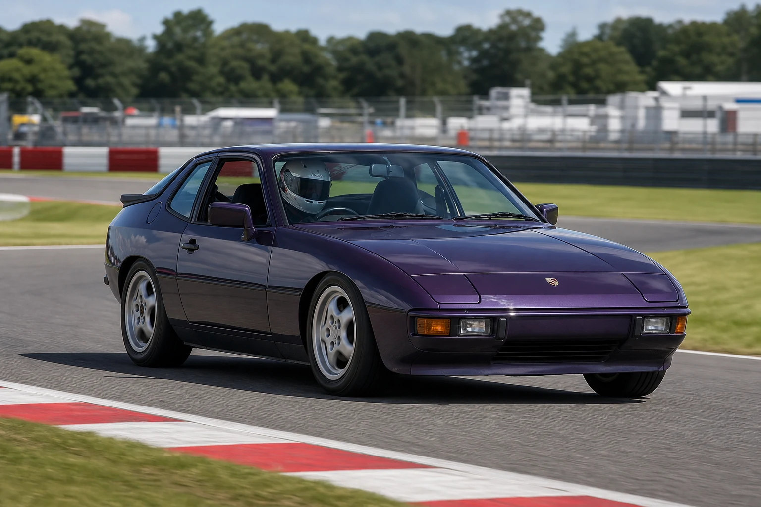 Porsche 924 on track with a helmeted driver