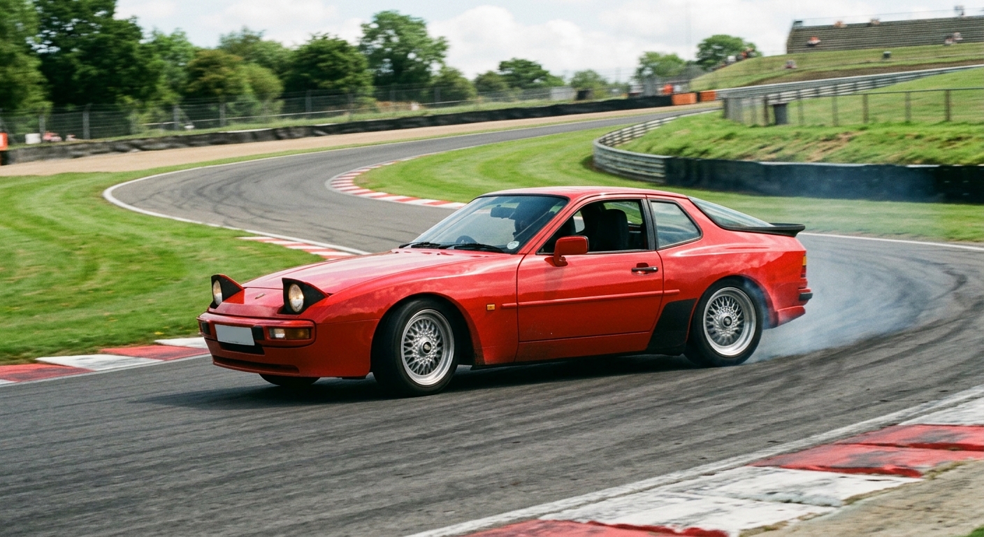 Red Porsche 944 coupe cornering on a British race circuit
