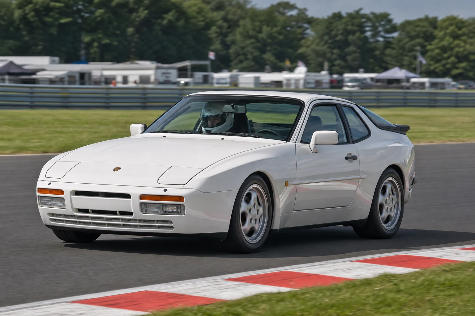 Porsche 944 on track with a helmeted driver