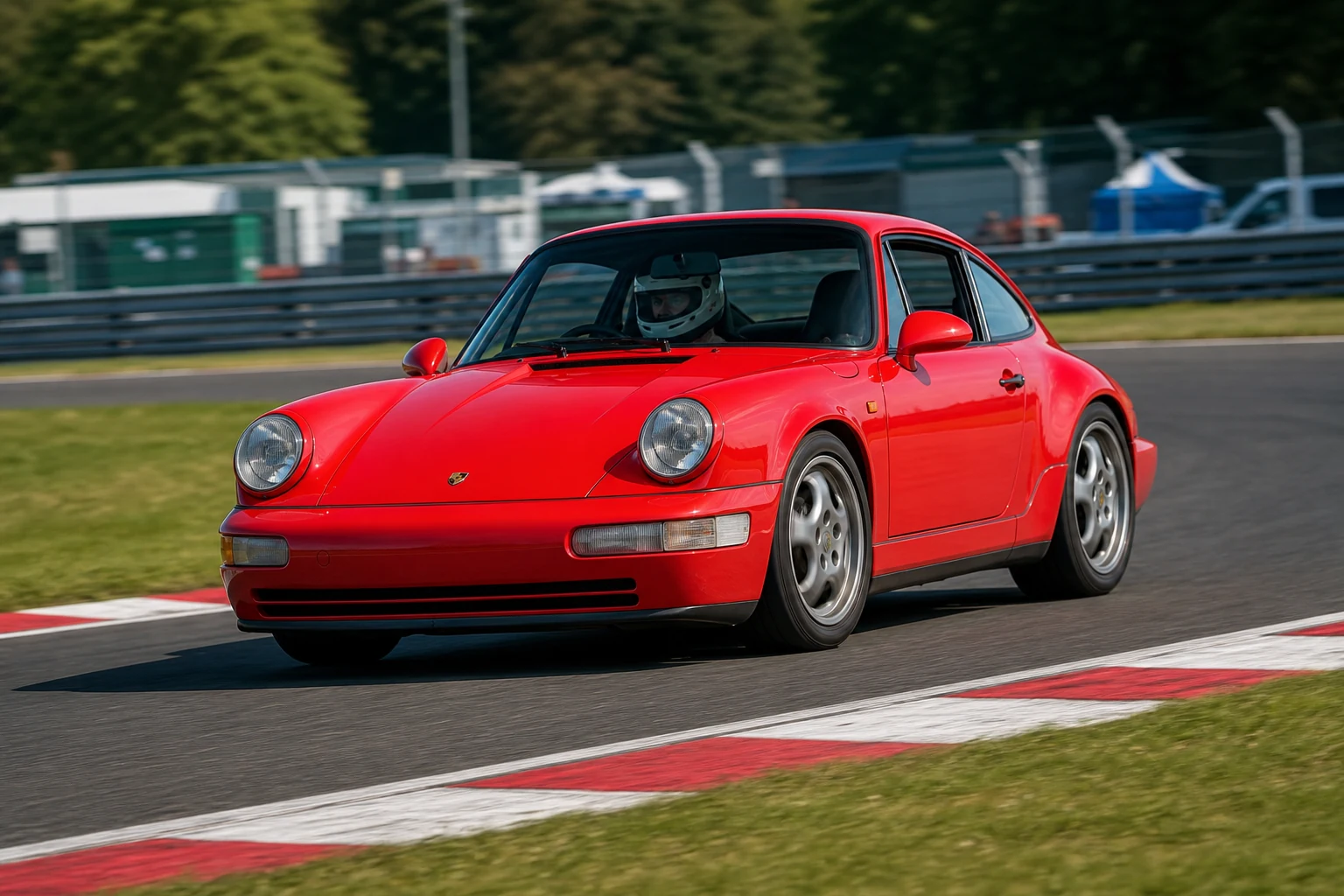 Porsche 964 on track with a helmeted driver