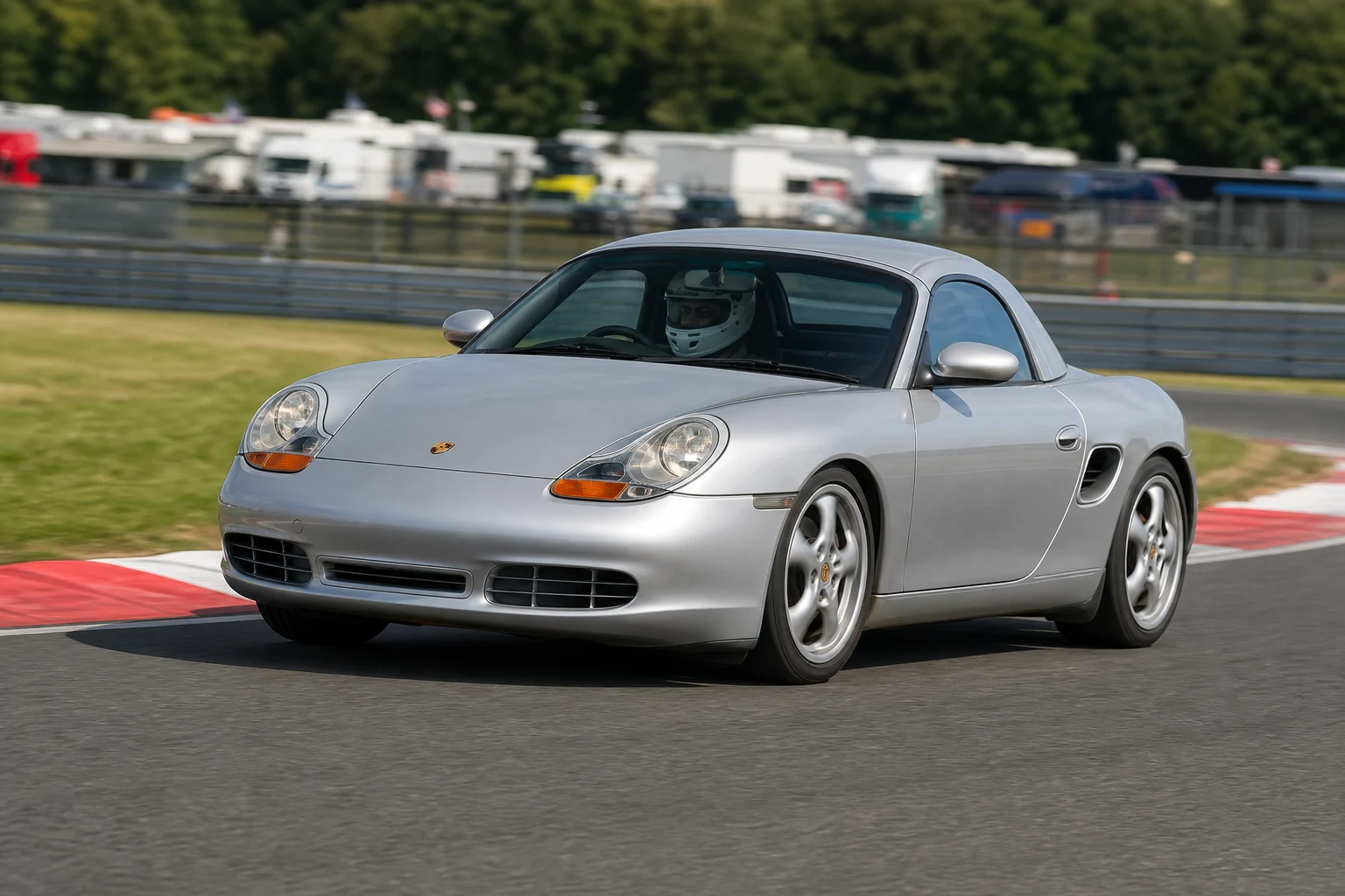 Porsche Boxster 986 on track with a helmeted driver