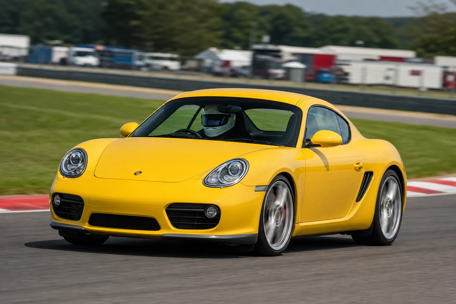 Porsche Cayman on track with a helmeted driver