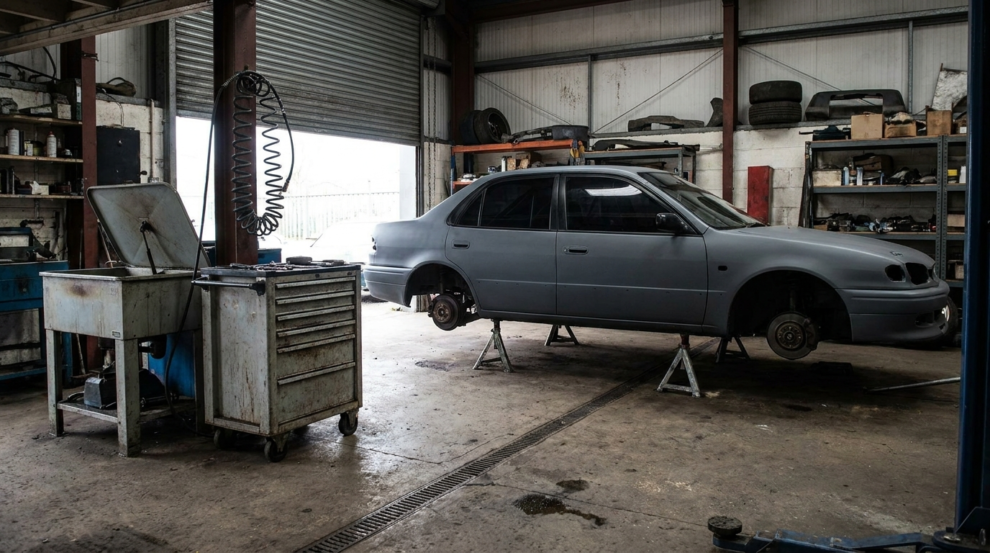 A race car on axle stands in a workshop with the seats out