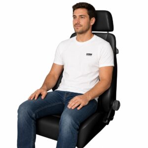 Person seated in Recaro Classic LS Reclining Sport Seat (part 089.00.0B) showing real-world seat size and fit – GSM Performance
