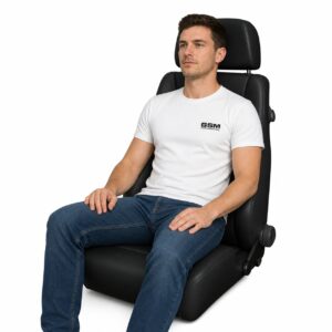 Person seated in Recaro Classic LX Reclining Sport Seat (part 088.00.0B) showing real-world seat size and fit – GSM Performance