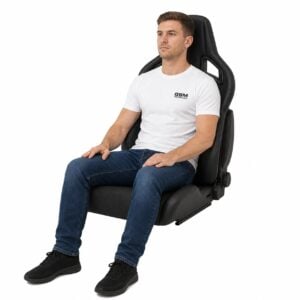 Person seated in Recaro Cross Sportster CS Reclining Sport Seat (part 414.00.2132) showing real-world seat size and fit – GSM Performance