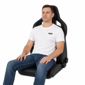Person seated in Recaro Cross Sportster CS With Heating Reclining Sport Seat (part 414.10.2575) showing real-world seat size and fit – GSM Performance