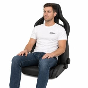 Person seated in Recaro Cross Sportster CS With SAB and Heating Reclining Sport Seat (part REC415.10) showing real-world seat size and fit – GSM Performance