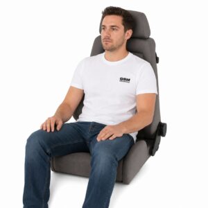 Person seated in Recaro Specialist L Reclining Sport Seat (part 041.00.0) showing real-world seat size and fit – GSM Performance