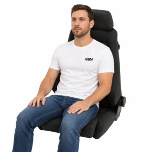 Person seated in Recaro Specialist M Reclining Sport Seat (part 042.00.0) showing real-world seat size and fit – GSM Performance