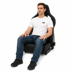 Person seated in Recaro Sportster CS Reclining Sport Seat (part 410.00) showing real-world seat size and fit – GSM Performance