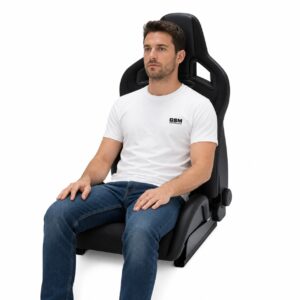 Person seated in Recaro Sportster CS With Heating Reclining Sport Seat (part 410.10) showing real-world seat size and fit – GSM Performance