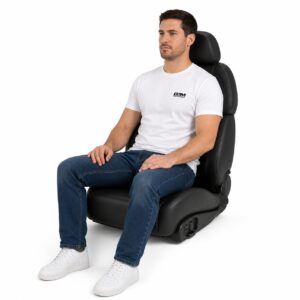 Person seated in Recaro Style XL Topline Reclining Sport Seat (part 229.41.1541) showing real-world seat size and fit – GSM Performance