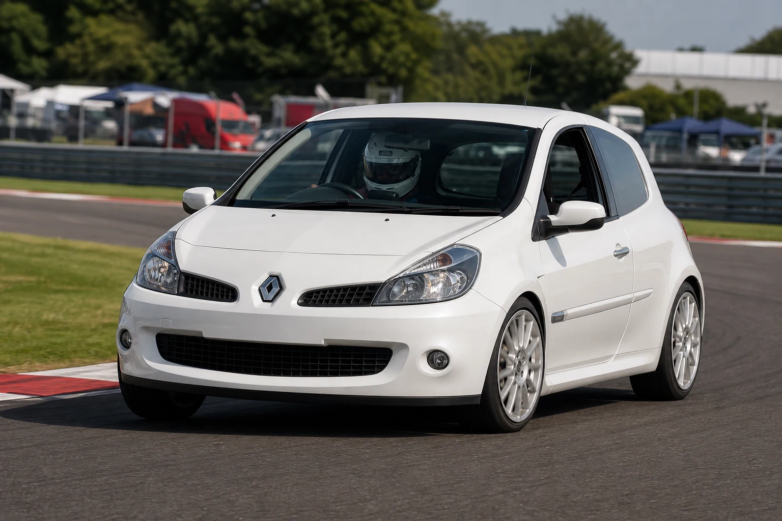 Renault Clio 197 on track with a helmeted driver