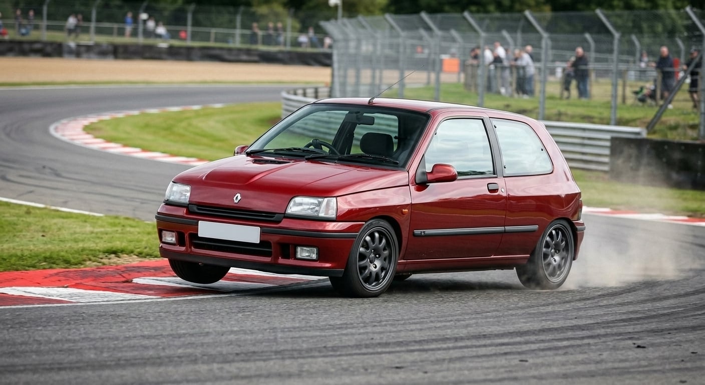 Red Renault Clio Mk1 16v cornering on a British race circuit