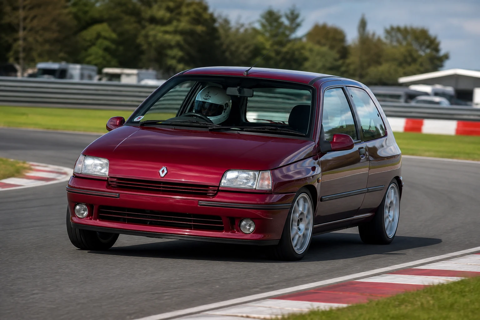 Renault Clio MK1 on track with a helmeted driver