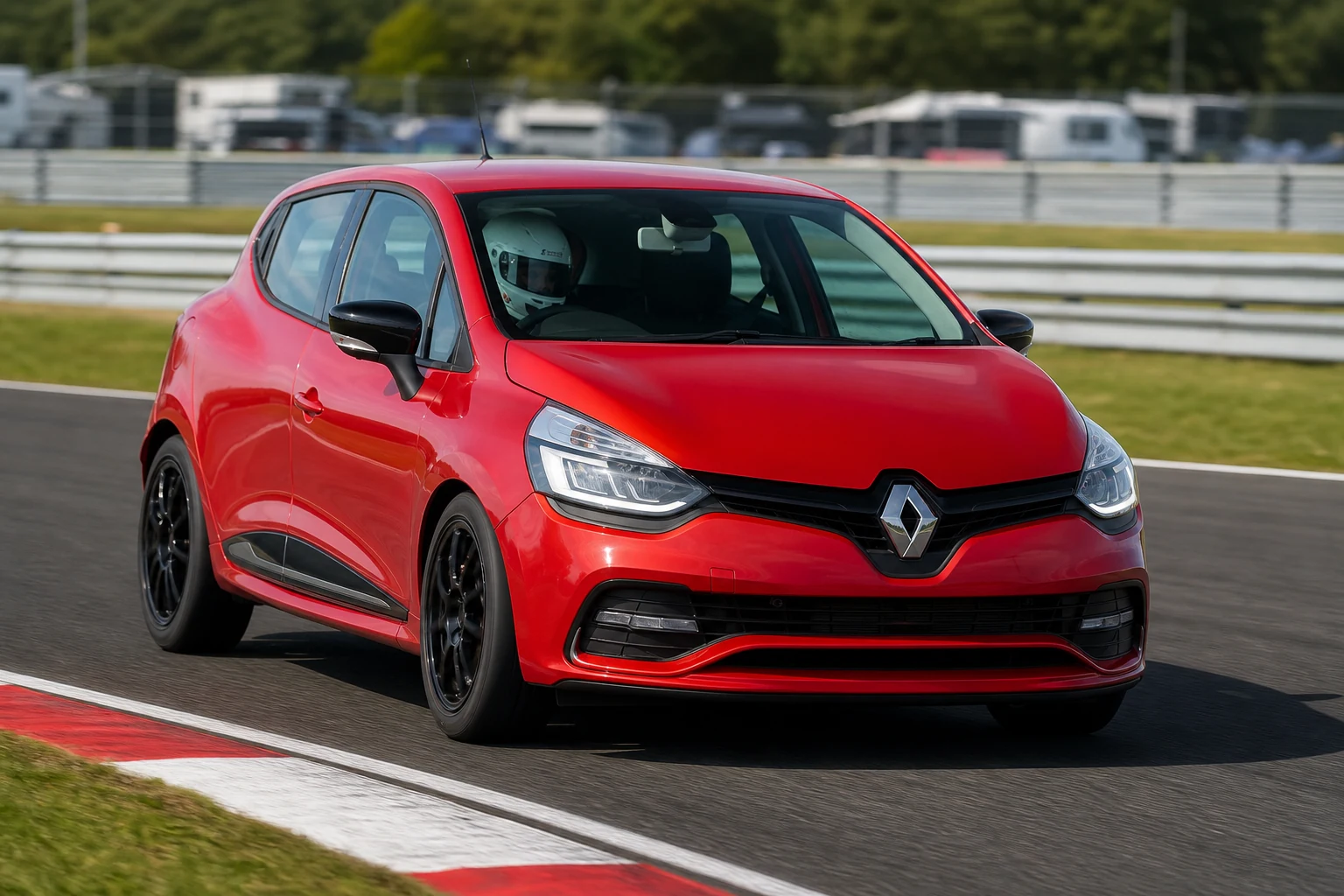 Renault Clio MK4 on track with a helmeted driver