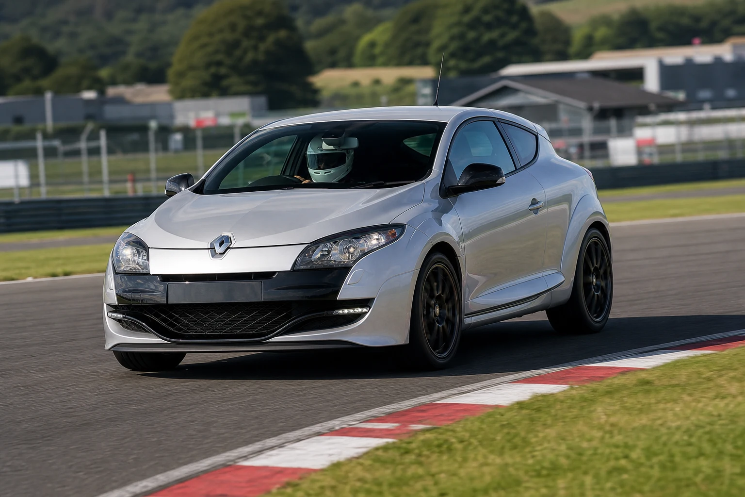 Renault Megane MK3 RS on track with a helmeted driver