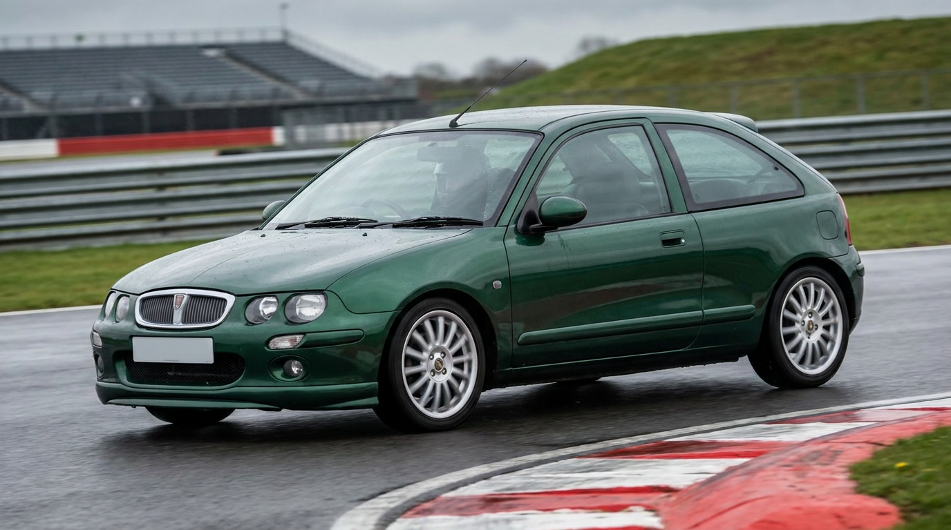 A green Rover 25 three door hatchback on a wet British race circuit at an apex