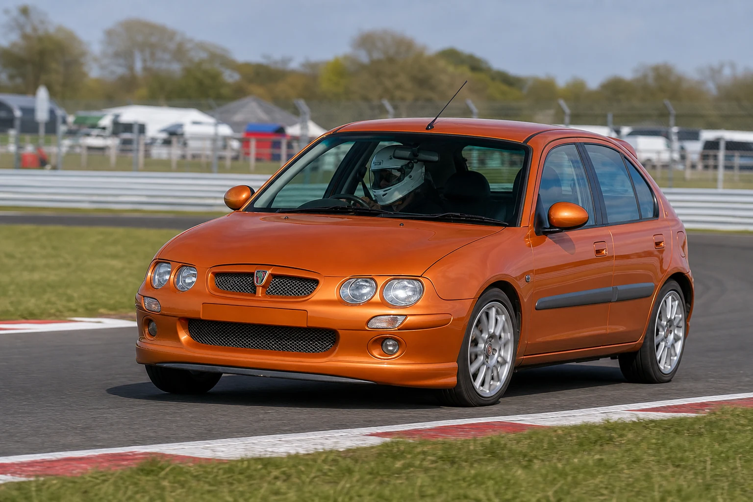 Rover 25 on track with a helmeted driver
