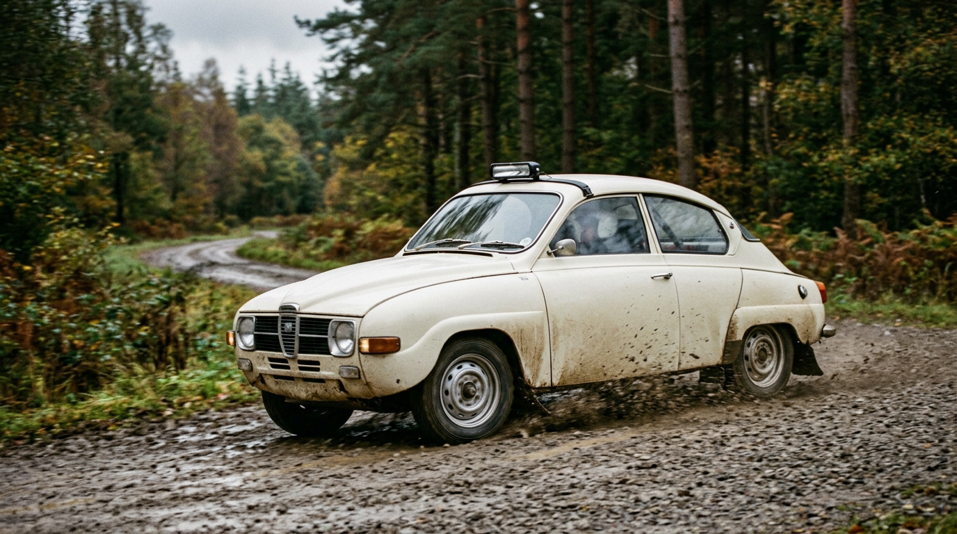 A cream Saab 96 two door on a damp gravel forest rally stage
