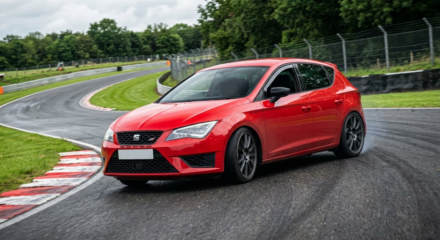 Red Seat Leon Mk3 Cupra hot hatch cornering on a British race circuit