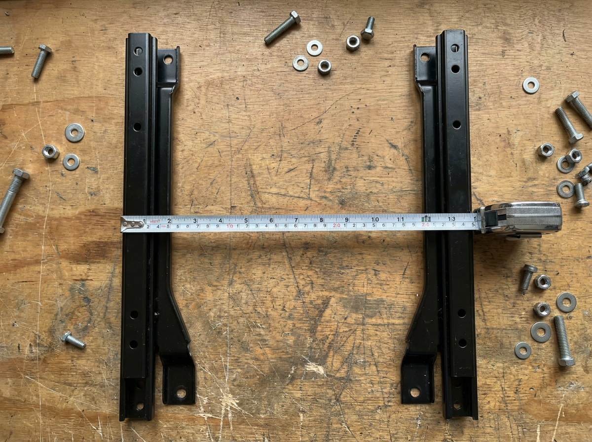 Matched pair of steel seat runner rails on a workbench with a tape measure spanning between them