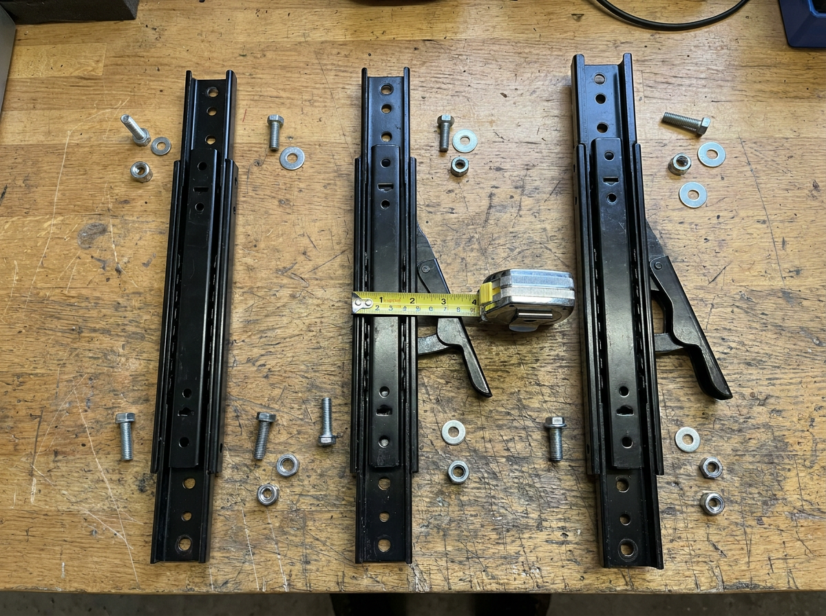 Three steel seat runner rails laid out on a workbench alongside bolts, nuts and washers