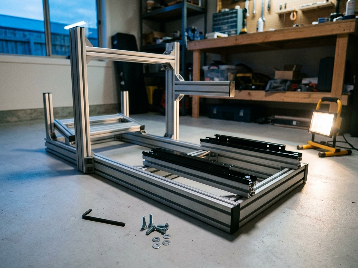 Pair of seat sliding runners bolted across the seat rails of an aluminium profile sim racing rig