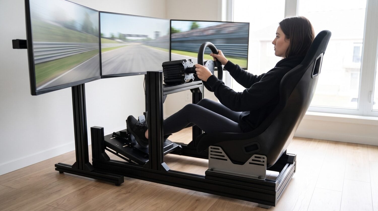 Driver mid-race on a Sim-Lab GT1 Evo aluminium profile sim rig fitted with a plain black bucket seat on grey side mount brackets, triple monitors