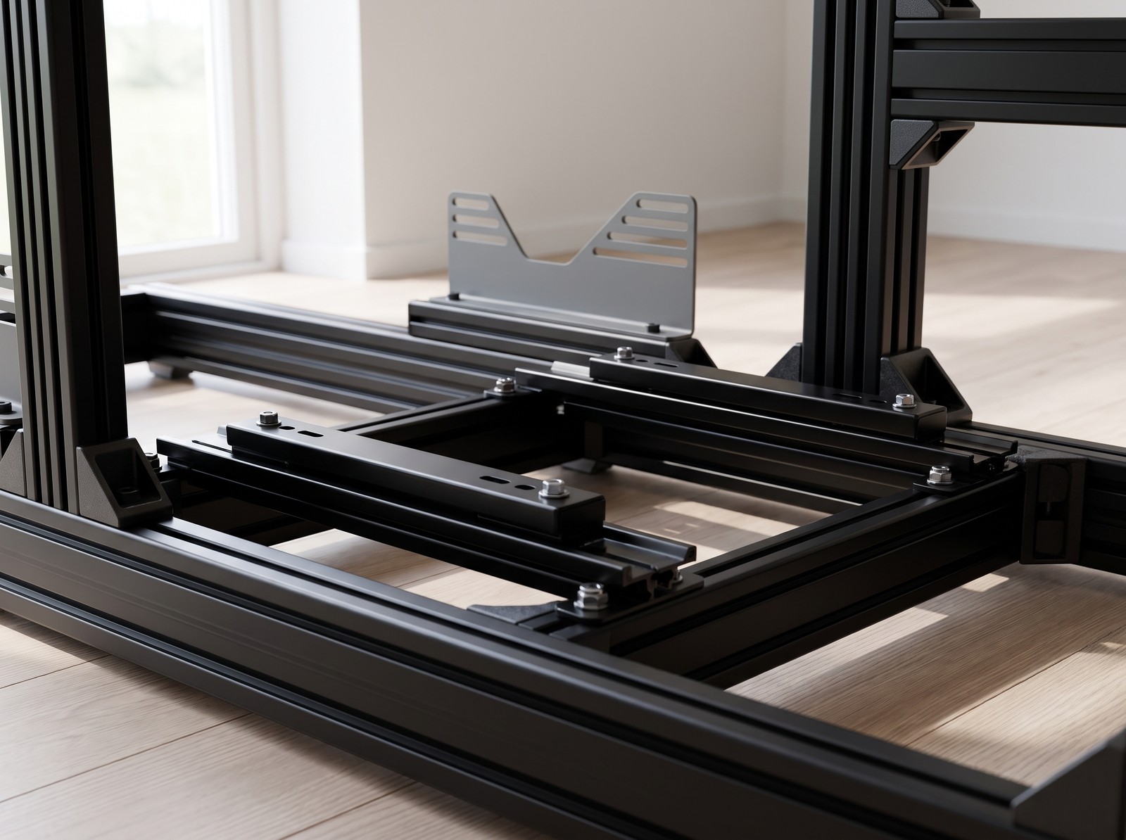 Seat sliding runner tracks bolted across the matte black profile seat rails of a Sim-Lab style rig, no seat fitted