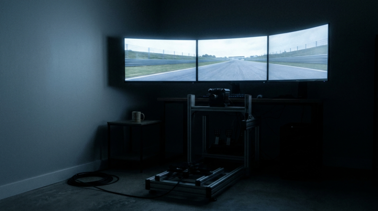 An aluminium profile sim racing rig with the wheel, pedals and triple screens in place and no seat fitted yet