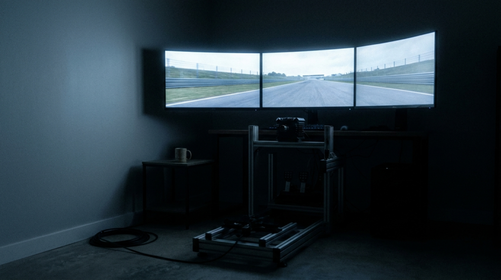 An aluminium profile sim racing rig with the wheel, pedals and triple screens in place and no seat fitted yet