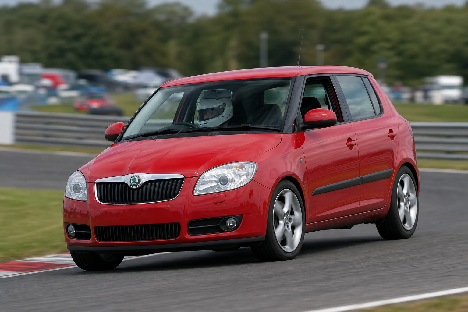 Skoda Fabia 5J on track with a helmeted driver