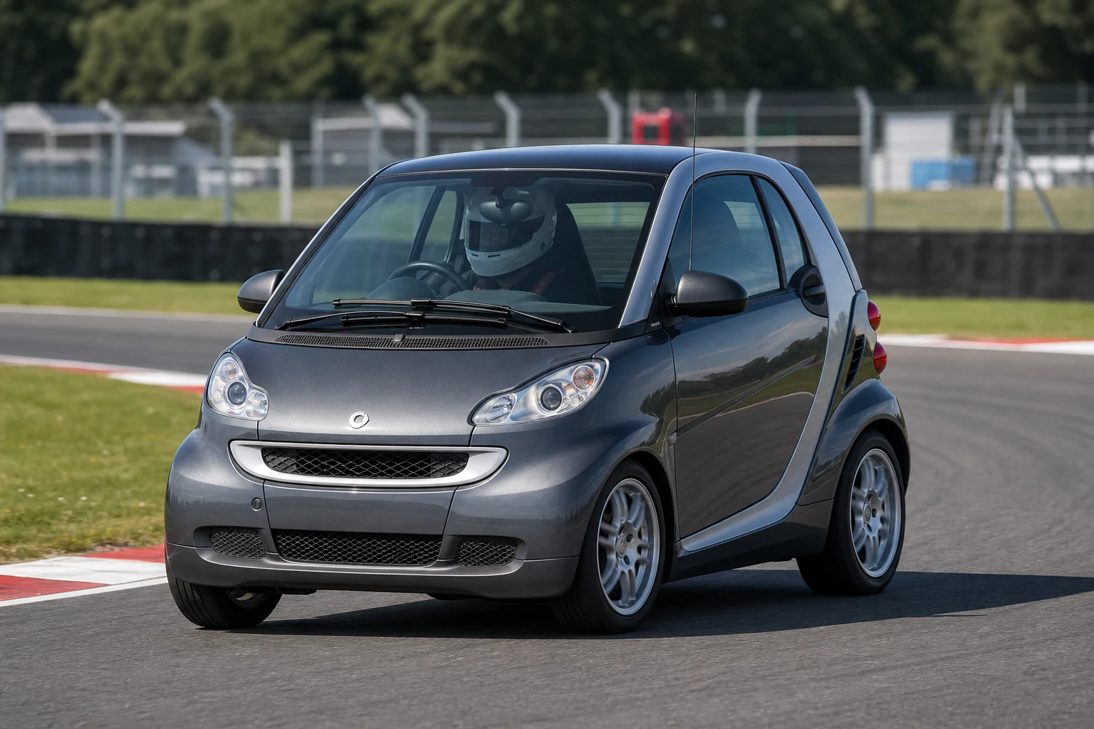 Smart Fortwo Mk2 on track with a helmeted driver