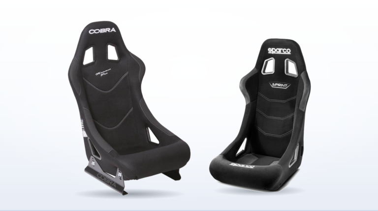 A Cobra Monaco Pro and a Sparco Sprint steel frame FIA bucket seat side by side, the Cobra shown fitted to its side mounts